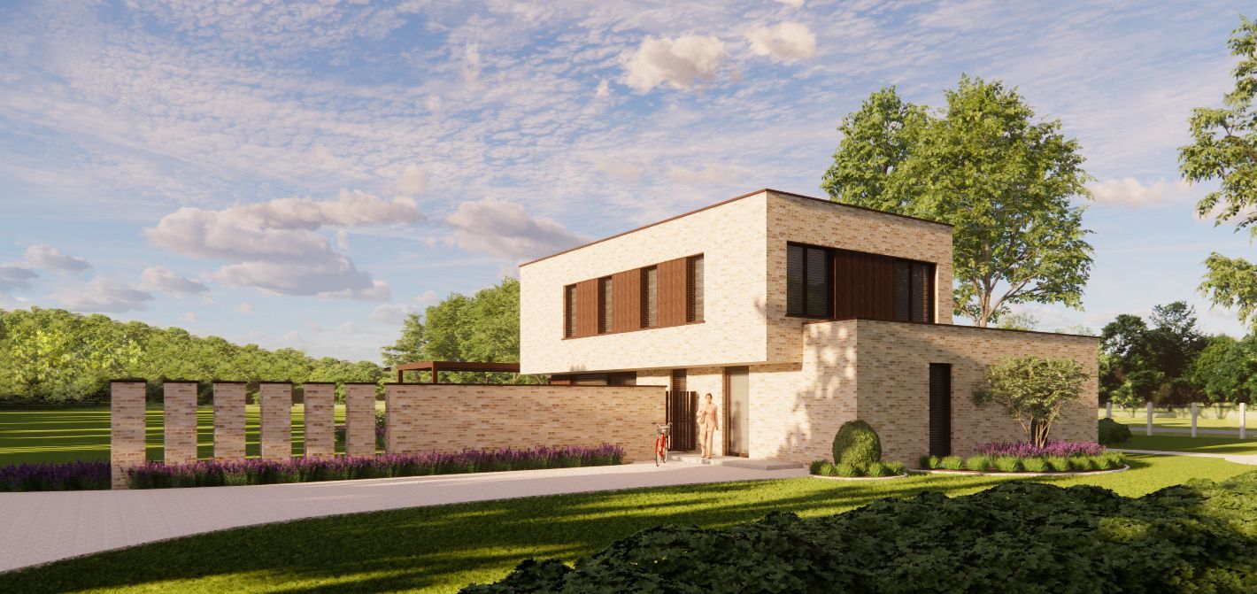Moderne woning met twee verdiepingen, een gevel van steen en hout, een aangelegde tuin en een bakstenen muur onder een blauwe hemel.