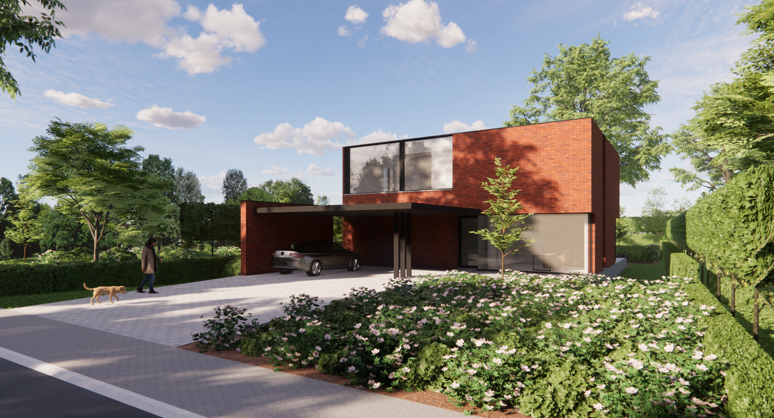 Moderne, twee verdiepingen tellende bakstenen woning met carport, oprit en aangelegde tuin onder een blauwe hemel.