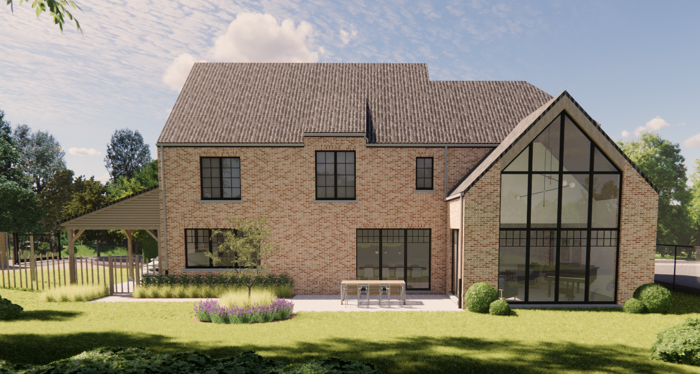 Een bakstenen huis met een steil dak, een grote glazen serre en een grasrijke tuin onder een stralende hemel.