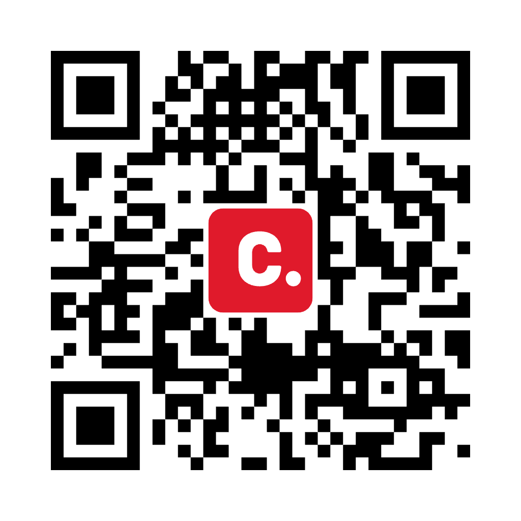 A qr code with a red square with the letter c on it.