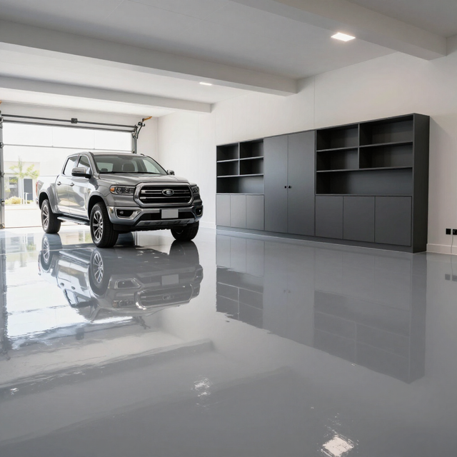 Modern garage with a silver pickup truck, glossy gray floor, and black storage cabinets.
