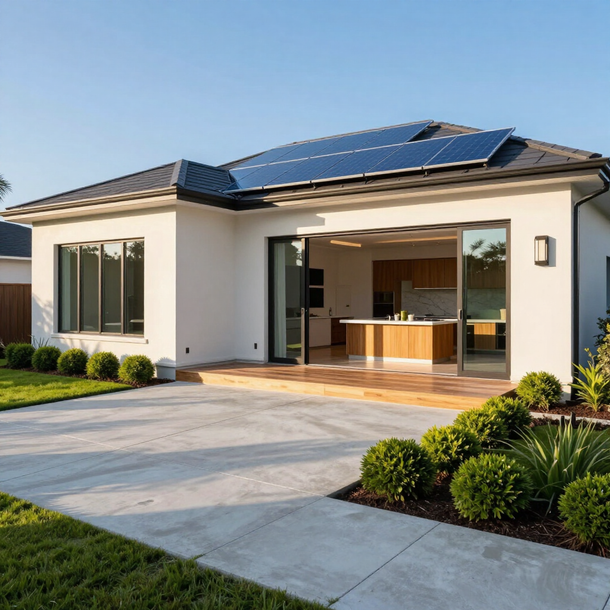 Modern single-story house with solar panels, open patio doors, driveway, and landscaped front yard
