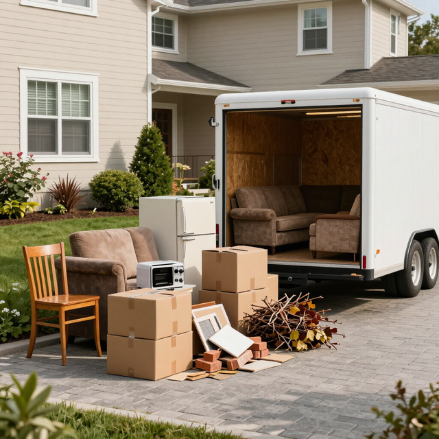 Moving boxes, furniture, and a trailer parked in a suburban driveway outside a house.