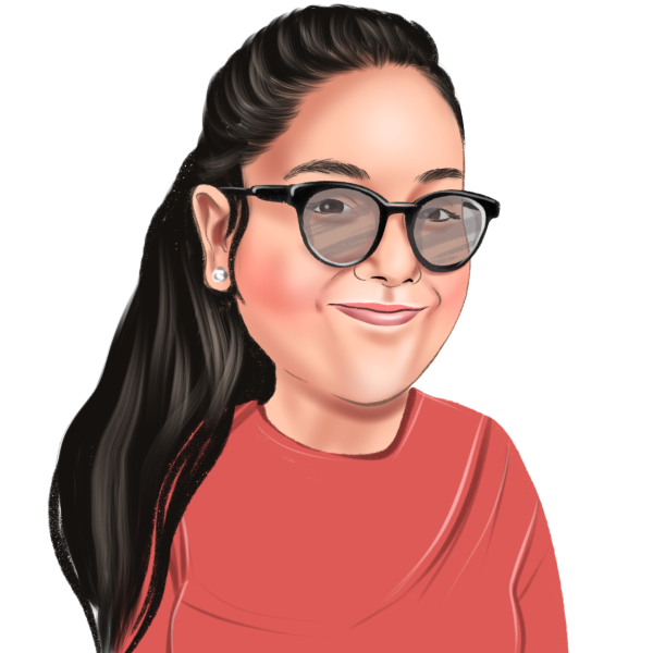 Illustrated person with long dark hair, glasses, and a red shirt, smiling on a white background