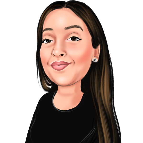 Illustrated portrait of a person with long dark hair wearing a black shirt and smiling slightly