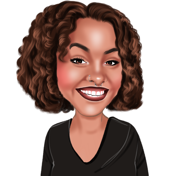 Smiling cartoon portrait with curly brown hair, black top, and white background