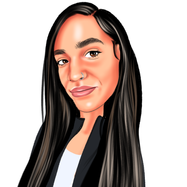 Stylized portrait of a smiling woman with long dark hair on a white background