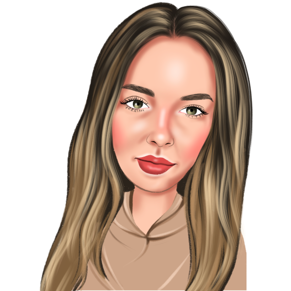 Stylized portrait of a person with long highlighted hair and a beige top, facing forward with a neutral expression