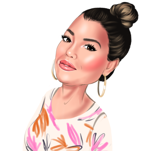 Stylized portrait of a smiling person with hoop earrings and a bun, wearing a white floral top