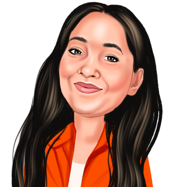 Stylized portrait of a smiling woman with long dark hair wearing an orange top on a white background