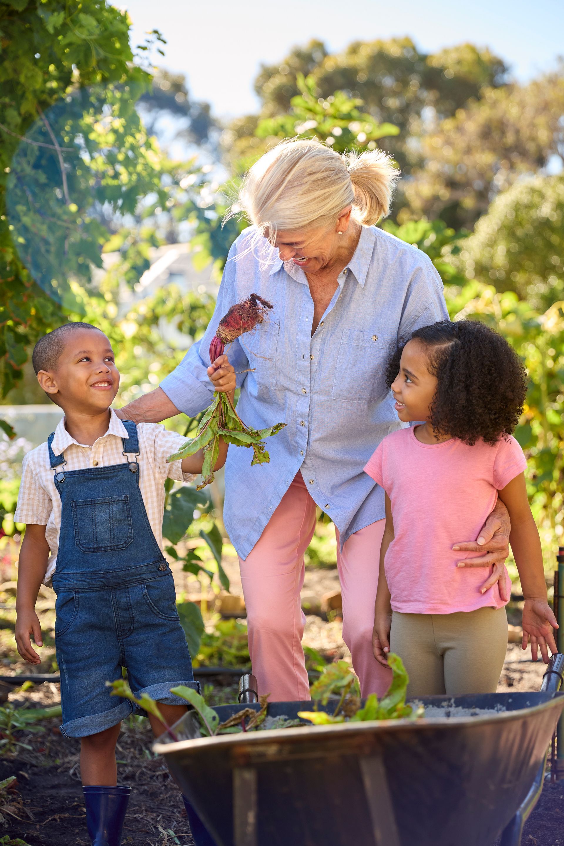 People gardening together outdoors, holding plants and smiling beside a wheelbarrow.