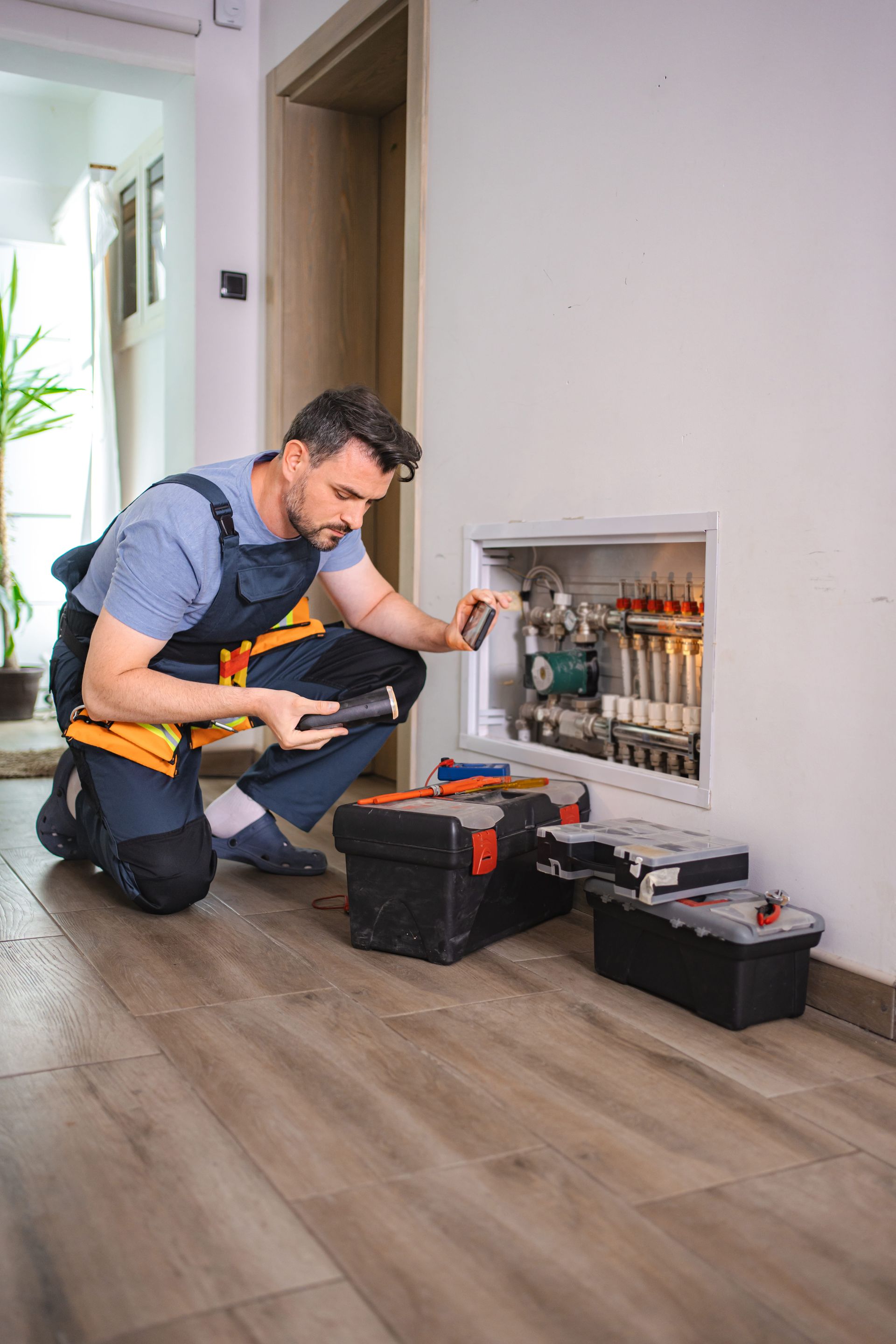 Electrician kneeling by an open wall panel, checking wiring with tools and a multimeter in a hallway.