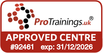 ProTrainings.uk approved centre badge with red border, number #92461, expiry 31/12/2026