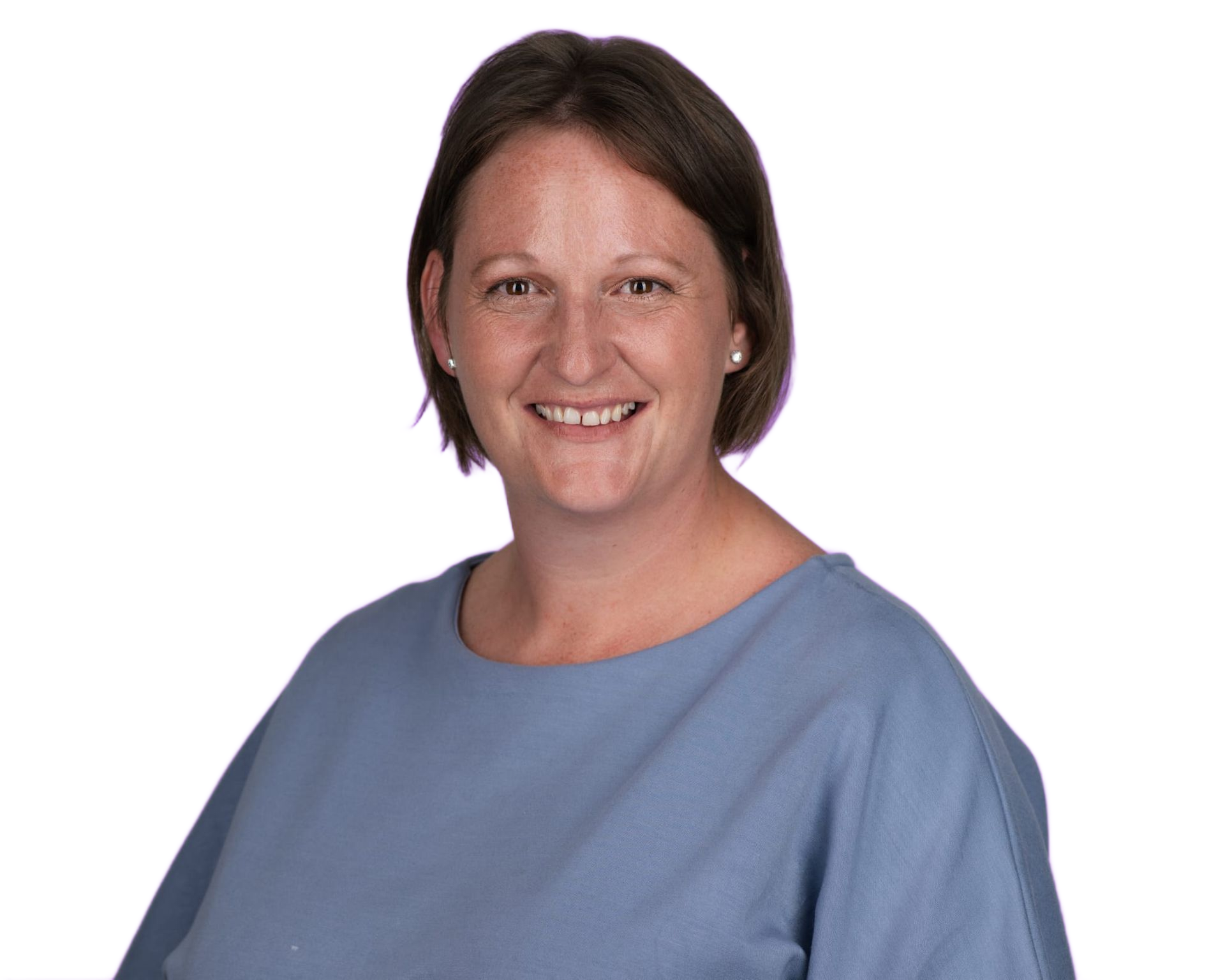 Smiling person in a blue top against a white background