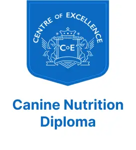 Blue Centre of Excellence badge with “Canine Nutrition Diploma” text below