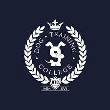White Dog Training College crest on a dark blue background with laurel wreath and dog emblem.