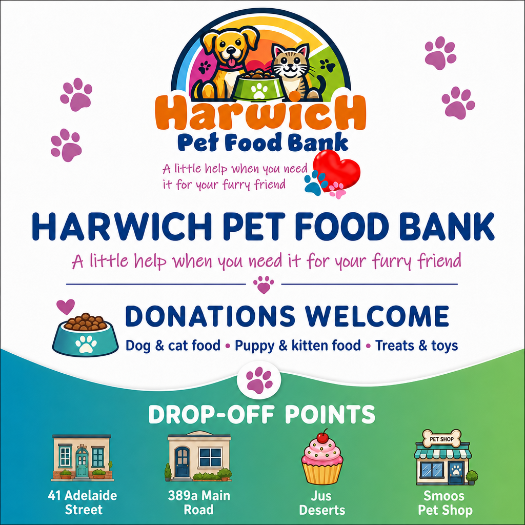 Harwich Pet Food Bank poster with donation welcome and drop-off points listed on a white background.