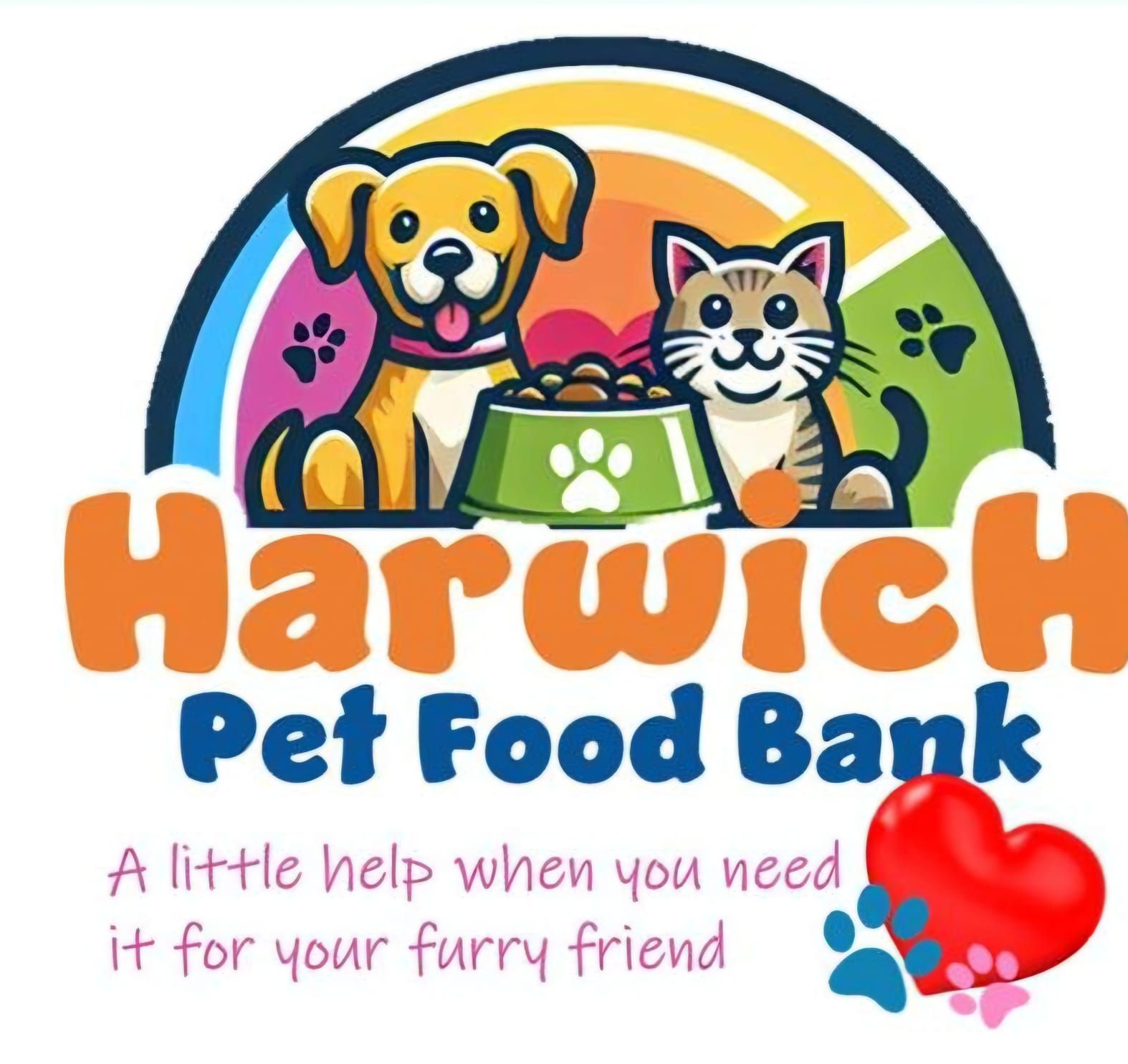 Harwich Pet Food Bank logo with smiling dog and cat, rainbow, paw prints, and red heart