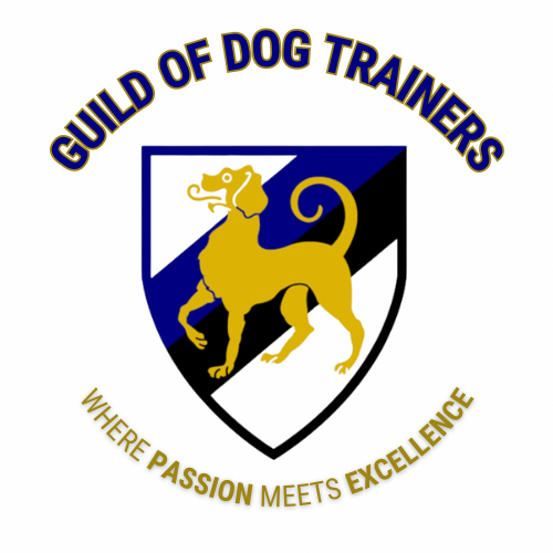 Guild of Dog Trainers logo with gold dog on blue-and-white shield and motto “Where Passion Meets Excellence”