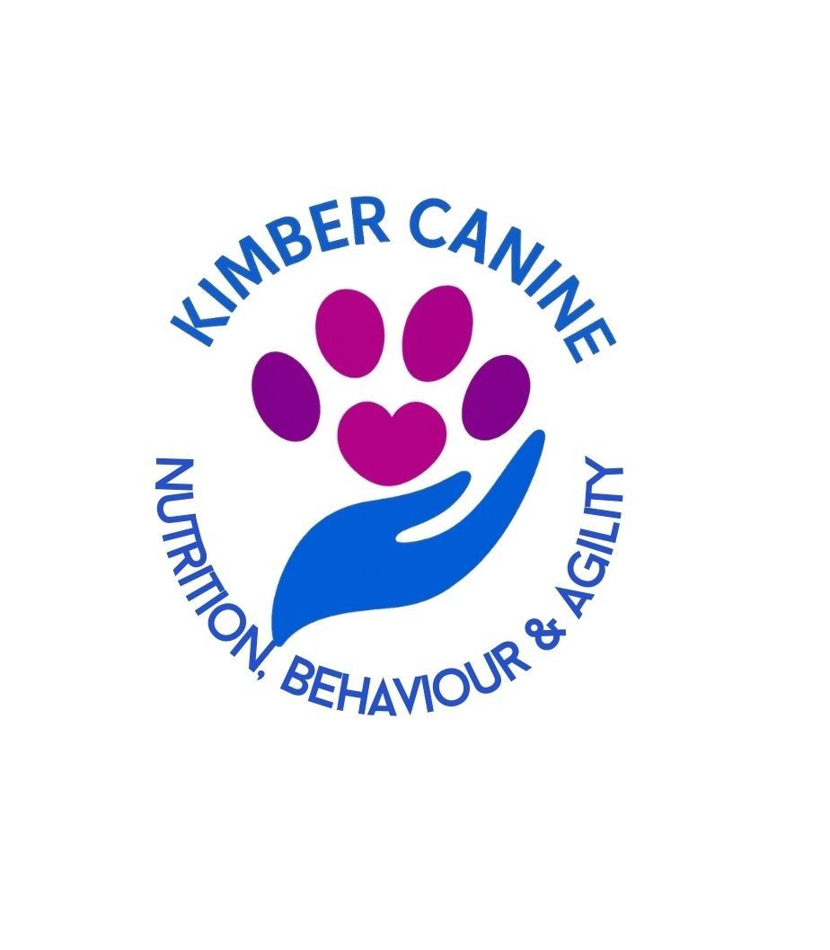 Kimber Canine logo with blue hand, purple paw print, and circular text