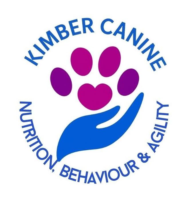 Kimber Canine logo with blue text, purple paw print, and blue hand shape, reading “Nutrition, Behaviour & Agility”