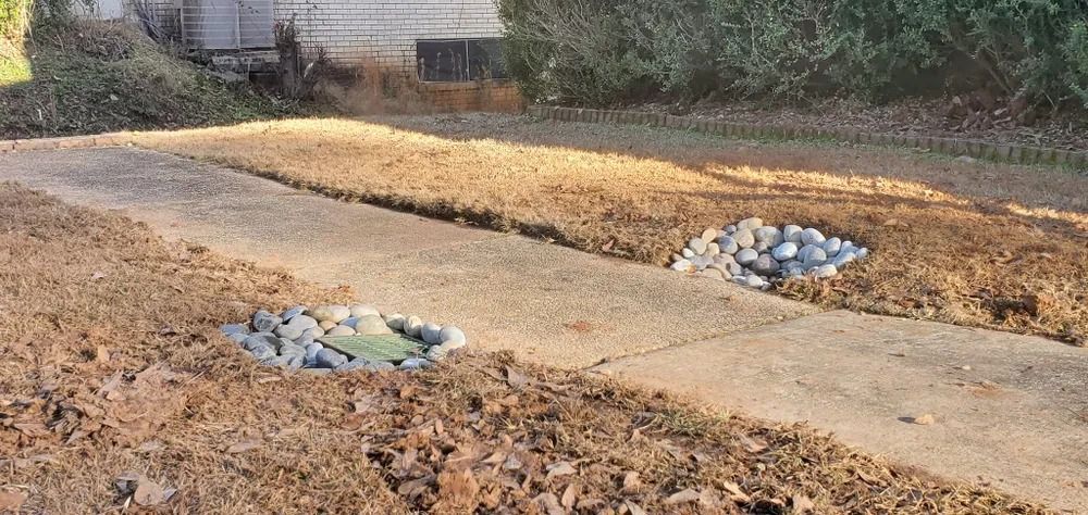 Gravel driveway with two small rock piles, in a partially cleared area with foliage in the background.