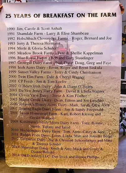 A person is holding a poster that says `` 25 years of breakfast on the farm ''.