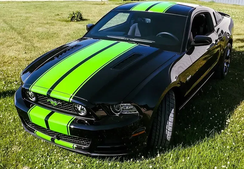 A black mustang with neon green stripes is parked in the grass