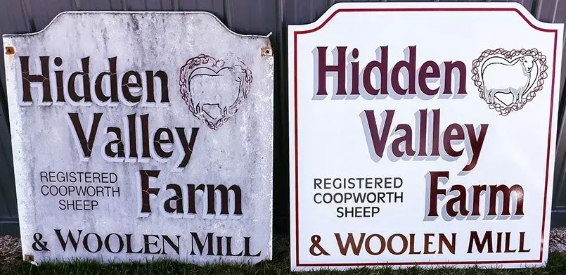 Two signs for hidden valley farm and woolen mill