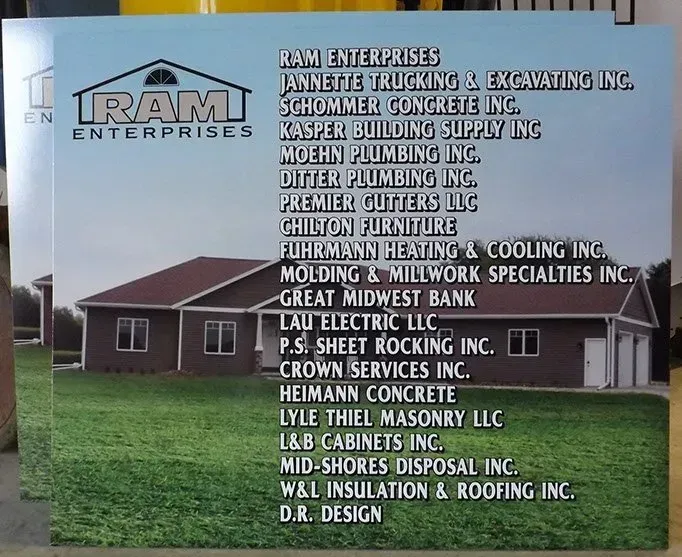 A sign for ram enterprises has a picture of a house on it