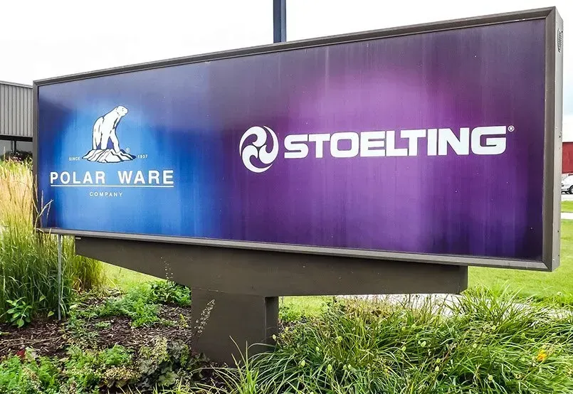 A large purple and blue billboard for stoelting polar ware