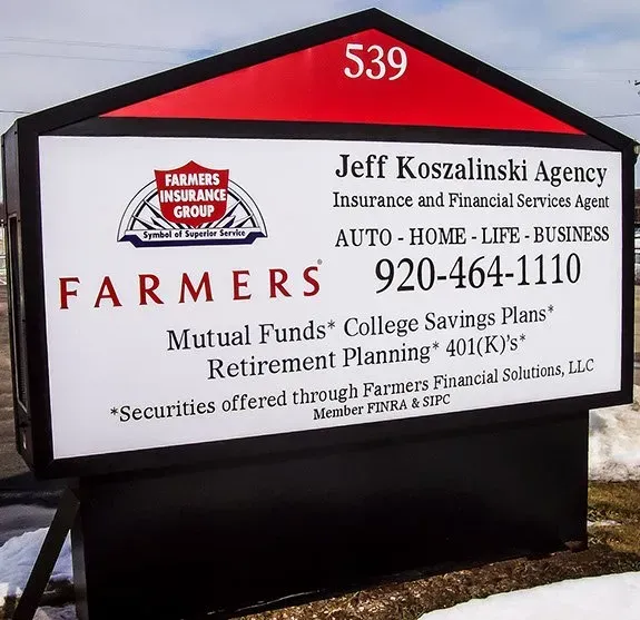 A sign for jeff koszalinski agency advertises mutual funds college savings plans and retirement planning