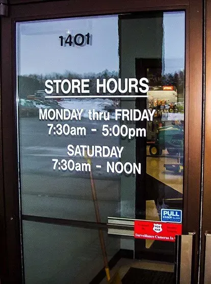 The store hours are monday thru friday 7:30 am 5:00 pm saturday 7:30 am - noon
