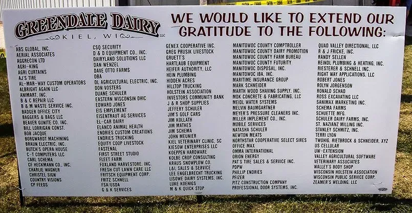 A sign that says we would like to extend our gratitude to the following