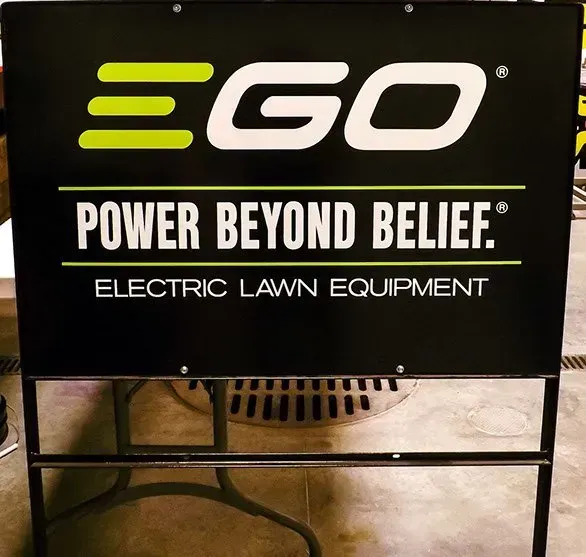 A sign for ego power beyond belief electric lawn equipment