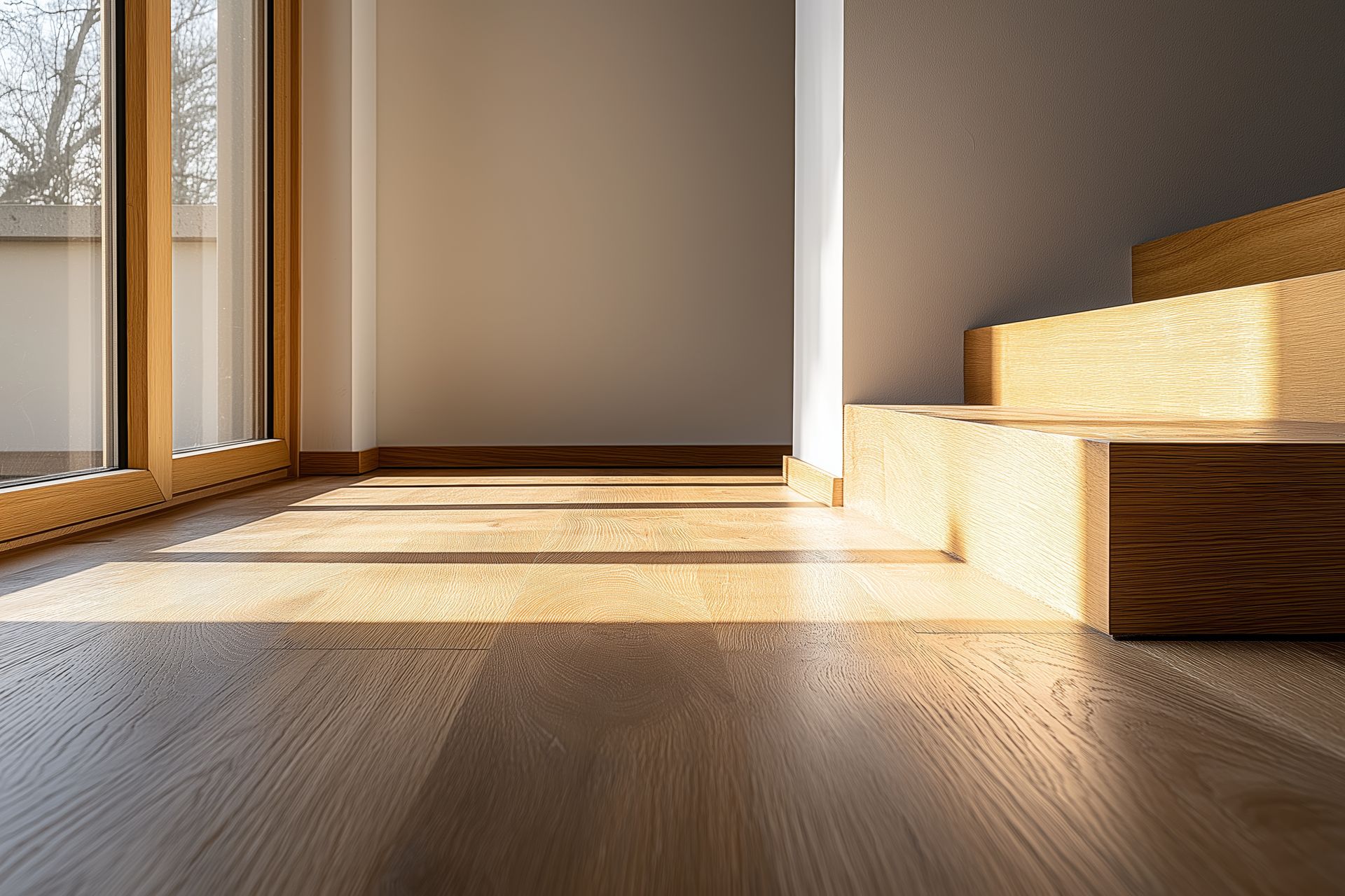 Wooden floor with sunlight, stairs, and a window.
