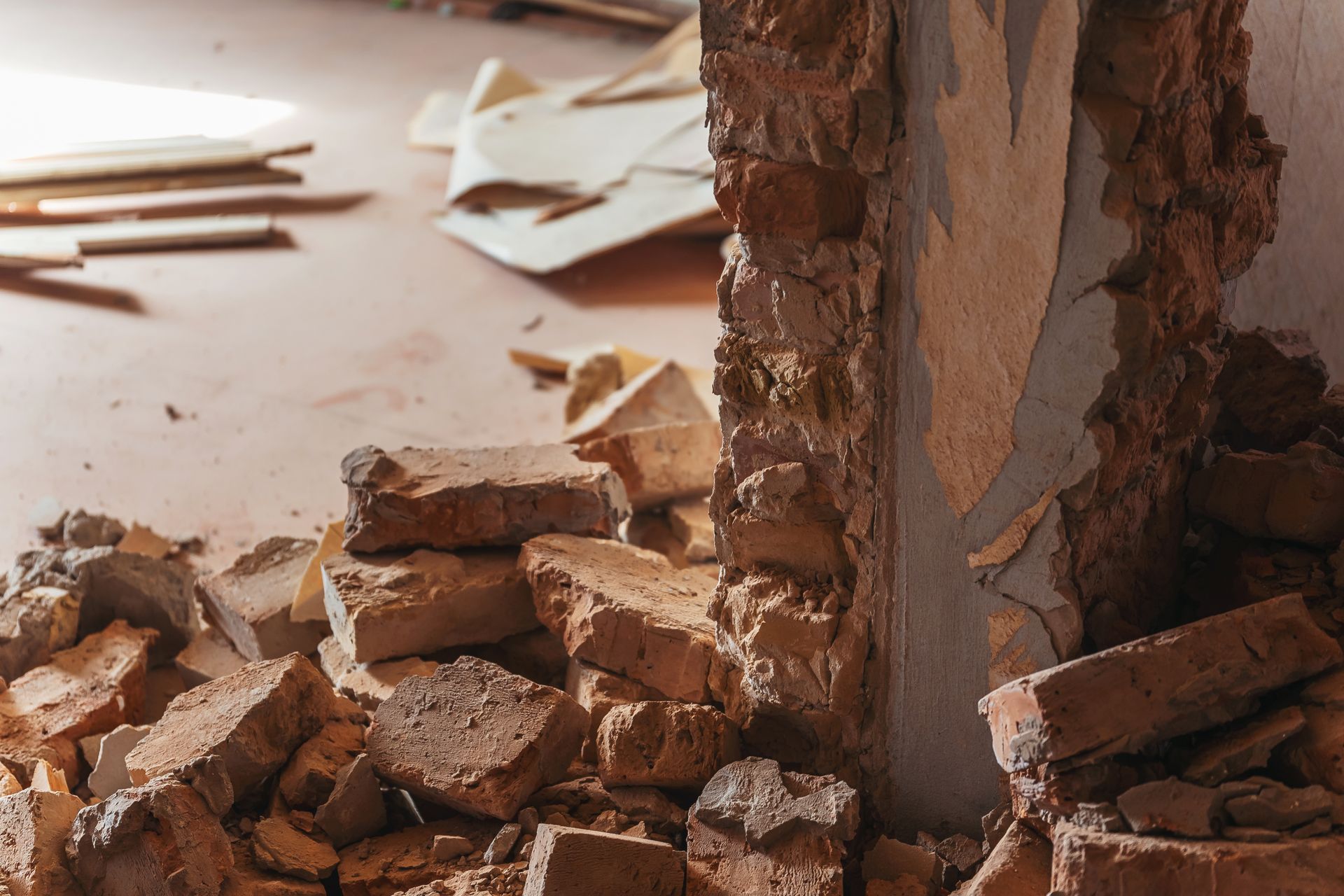Pile of bricks from a partially demolished brick wall in a room.