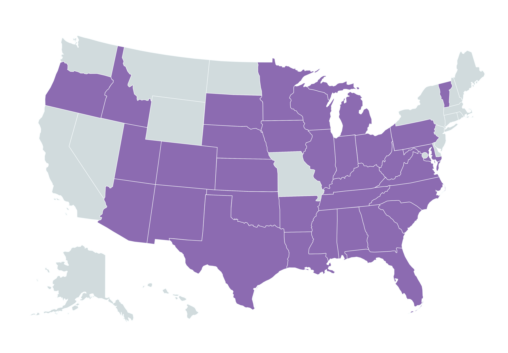 Purple U.S. map highlighting most states, with a few states in light gray.