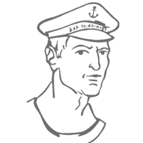 Disegno a tratto di un marinaio con un berretto recante l'emblema di un'ancora, rivolto a destra.