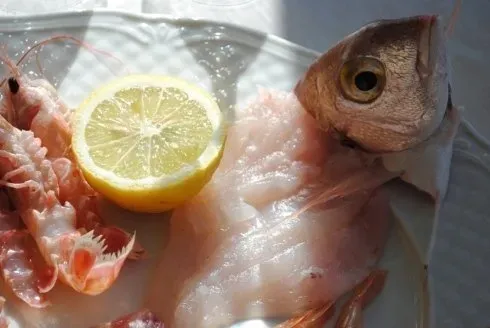 Pesce e gamberi crudi su un piatto con una fetta di limone.