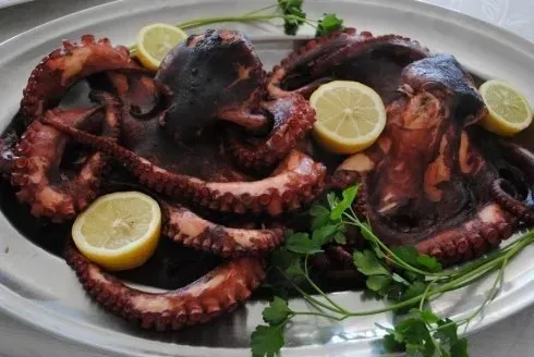 Tentacoli di polpo grigliati su un piatto con fette di limone ed erbe aromatiche.