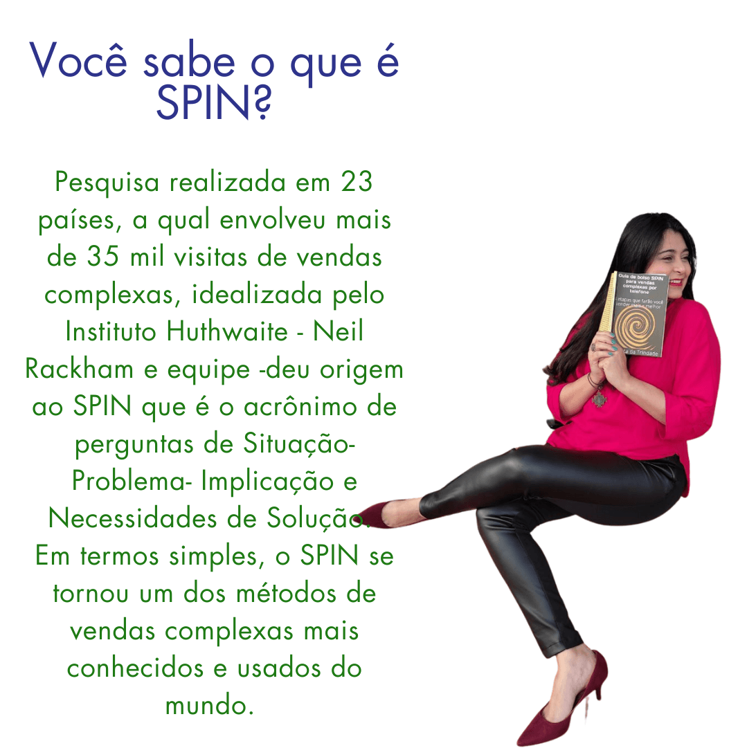 Mulher com livro explica o método de vendas SPIN. Texto: 
