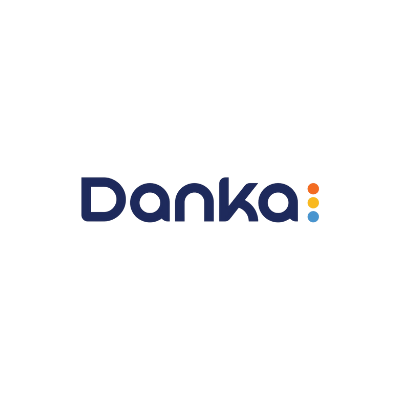 Logotipo da Danka, texto azul escuro com um símbolo pontilhado colorido.