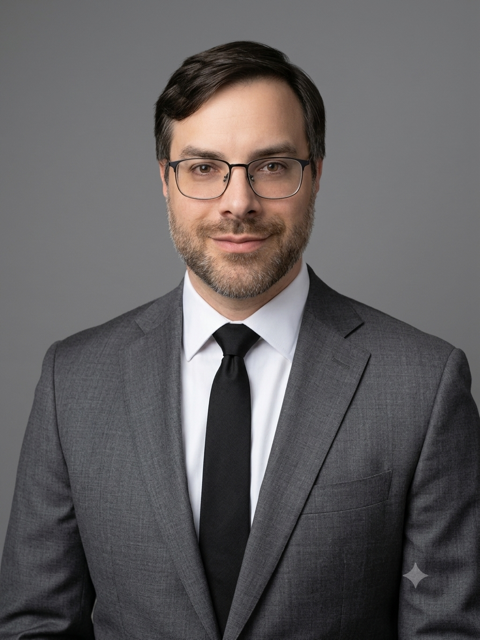 Man in gray suit with black tie and glasses, standing against a plain gray background
