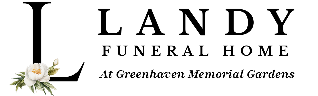 Landy Funeral Home logo with white flowers on a pale green background, at Greenhaven Memorial Park