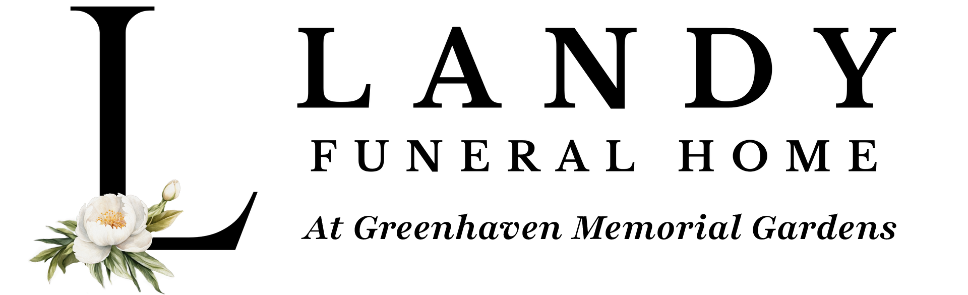 Landy Funeral Home logo with white flowers on a pale green background, at Greenhaven Memorial Park