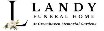 Landy Funeral Home logo with white flowers on a pale green background, at Greenhaven Memorial Park