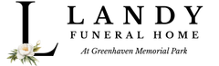 Landy Funeral Home logo with white flowers on a pale green background, at Greenhaven Memorial Park