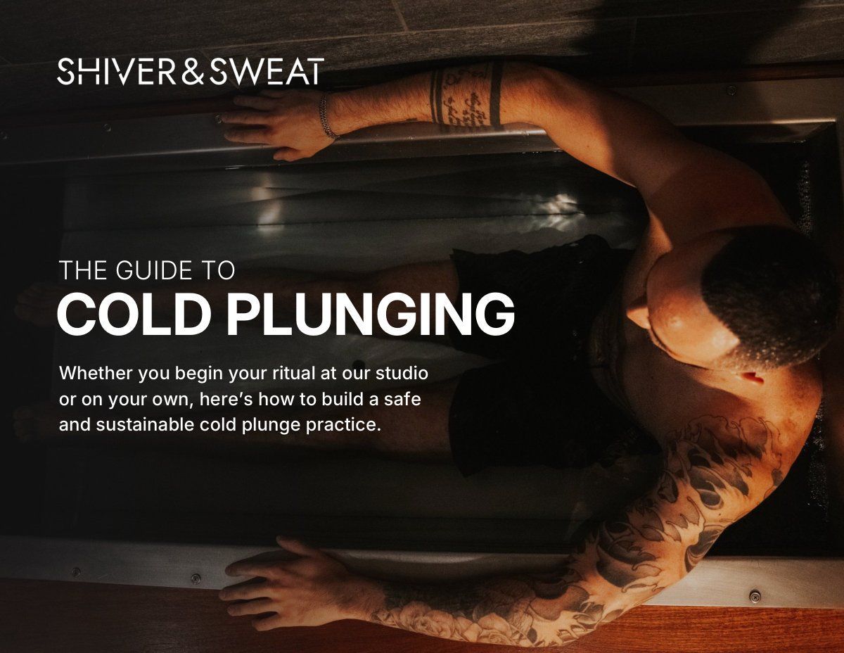 Cover of The Guide to Cold Plunging by Shiver & Sweat, showing a client in a cold plunge