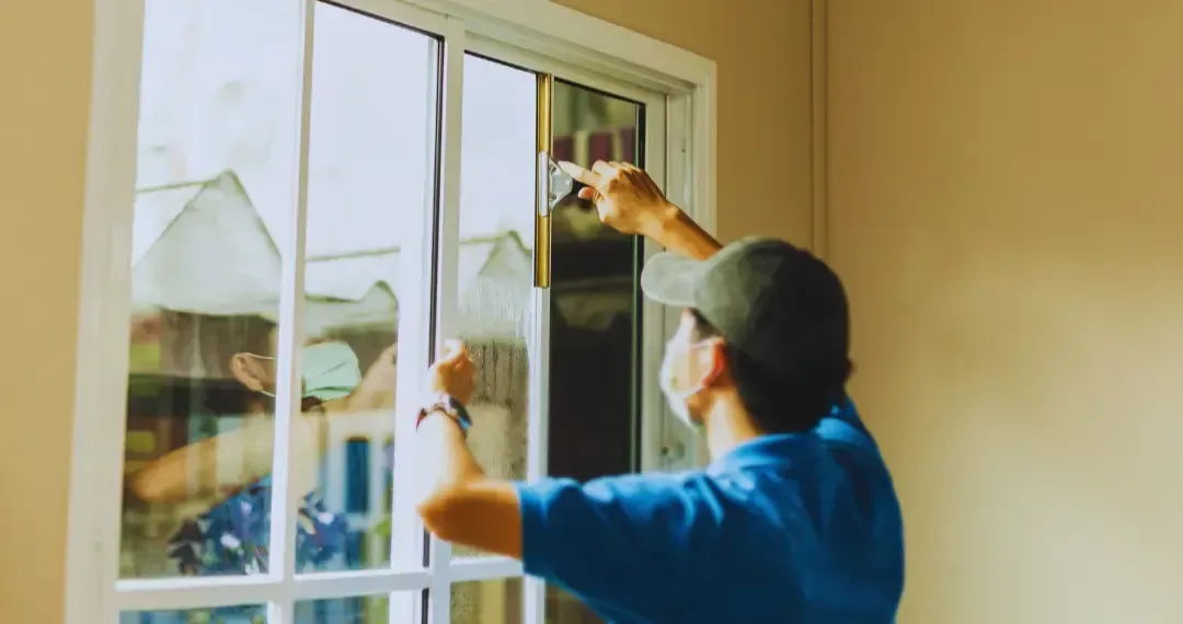 A man in a blue shirt is cleaning a sliding glass door.
